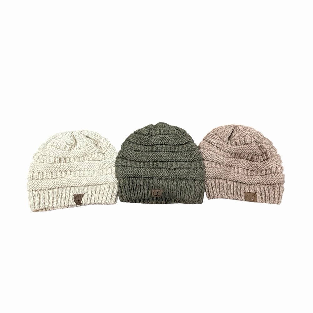 C.C Beanie Bundle Lot of 3 Knit Winter Hats Cream Olive Taupe One Size